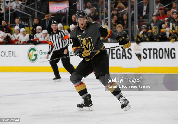 Vegas Golden Knights defenseman Colin Miller in action during the second period of a regular season NHL game between the Calgary Flames and the Vegas...