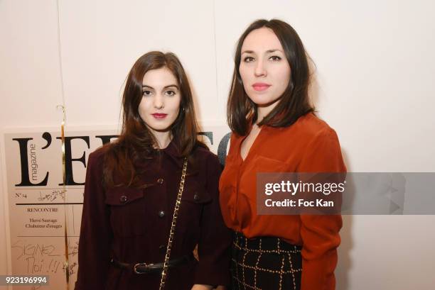 Actresses Claire Chust and Deborah Grall attend Edito Magazine Cocktail at Galerie Joseph on February 22, 2018 in Paris, France.