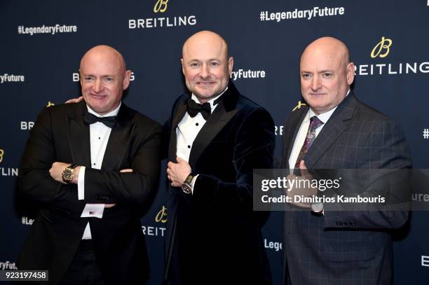 Mark Kelly, Breitling CEO Georges Kern, and Scott Kelly on the red carpet at the "#LEGENDARYFUTURE" Roadshow 2018 New York on February 22, 2018.