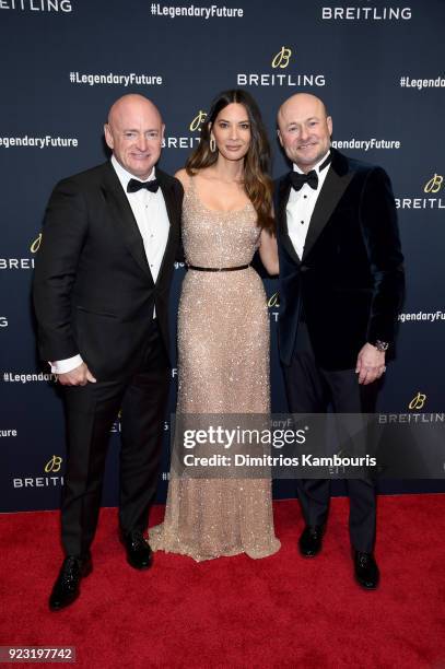 Mark Kelly, Olivia Munn and Breitling CEO Georges Kern on the red carpet at the "#LEGENDARYFUTURE" Roadshow 2018 New York on February 22, 2018.