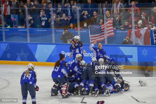 South Korea The U.S. Women's hockey team celebrates following the women's gold medal hockey game with the U.S.A. Defeating Canada 3-2 in a shootout...