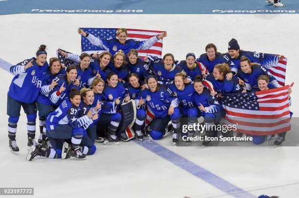 South Korea The U.S. Women's hockey team sits for a team photo following the women's gold medal hockey game with the U.S.A. Defeating Canada 3-2 in a...