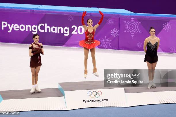 Silver medal winner Evgenia Medvedeva of Olympic Athlete from Russia, gold medal winner Alina Zagitova of Olympic Athlete from Russia and bronze...