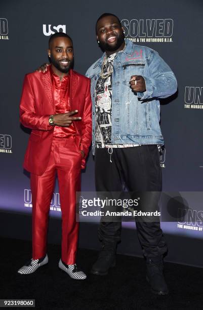 Actors Marcc Rose and Wavyy Jonez arrive at the premiere of USA Network's "Unsolved: The Murders of Tupac and The Notorious B.I.G." at Avalon on...