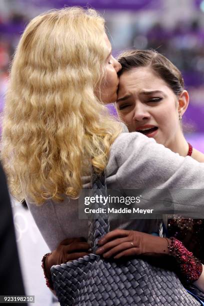 Evgenia Medvedeva of Olympic Athlete from Russia reacts with coach Eteri Tutberidze after competing during the Ladies Single Skating Free Skating on...