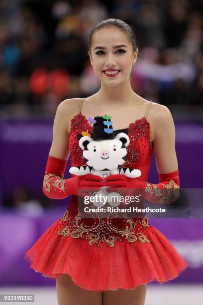 Gold medal winner Alina Zagitova of Olympic Athlete from Russia celebrates during the victory ceremony for the Ladies Single Skating Free Skating on...