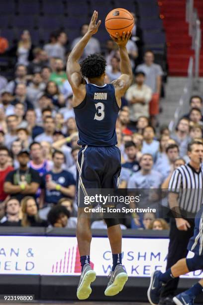 Xavier Musketeers guard Quentin Goodin makes a three point shot against the Georgetown Hoyas on February 21 at the Capital One Arena in Washington,...