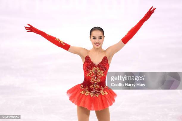 Gold medal winner Alina Zagitova of Olympic Athlete from Russia celebrates during the victory ceremony for the Ladies Single Skating Free Skating on...