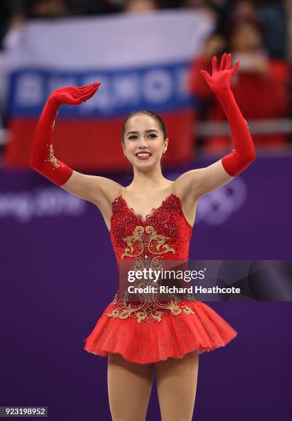 Gold medal winner Alina Zagitova of Olympic Athlete from Russia celebrates during the victory ceremony for the Ladies Single Skating Free Skating on...