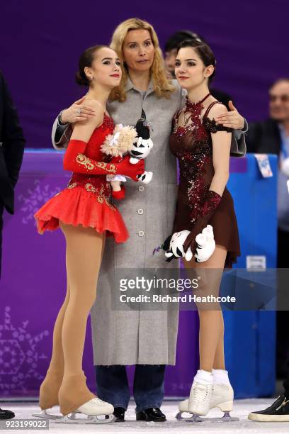 Gold medal winner Alina Zagitova of Olympic Athlete from Russia and silver medal winner Evgenia Medvedeva of Olympic Athlete from Russia celebrate...