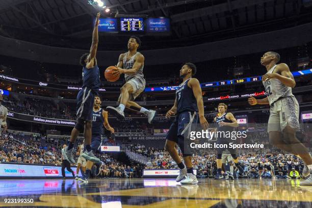 Georgetown Hoyas guard Jahvon Blair in action against Xavier Musketeers guard Quentin Goodin on February 21 at the Capital One Arena in Washington,...
