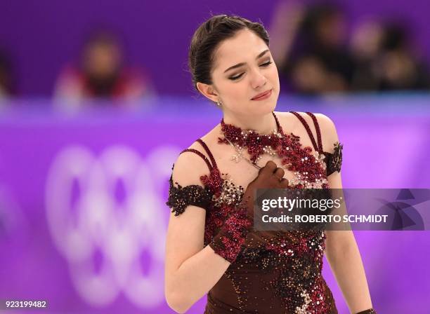 Russia's Evgenia Medvedeva reacts after the women's single skating free skating of the figure skating event during the Pyeongchang 2018 Winter...