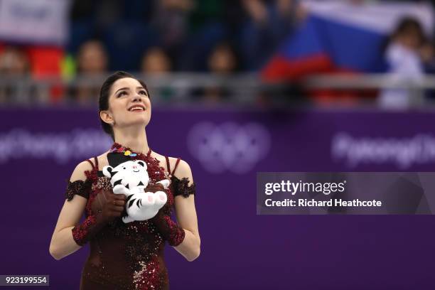 Silver medal winner Evgenia Medvedeva of Olympic Athlete from Russia celebrates during the victory ceremony for the Ladies Single Skating Free...