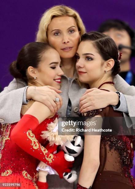 Gold medal winner Alina Zagitova of Olympic Athlete from Russia and silver medal winner Evgenia Medvedeva of Olympic Athlete from Russia celebrate...