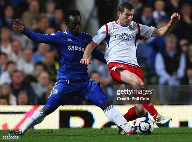 Brett Emerton of Blackburn Rovers battles with Michael Essien of Chelsea during the Barclays Premier League match between Chelsea and Blackburn...