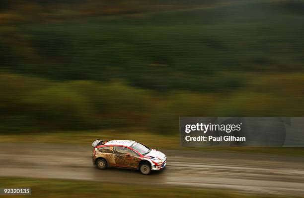 Sebastien Ogier of France and Citroen Junior Team drives the Citroen C4 WRC during stage ten of the Wales Rally GB at Rhondda on October 24, 2009 in...