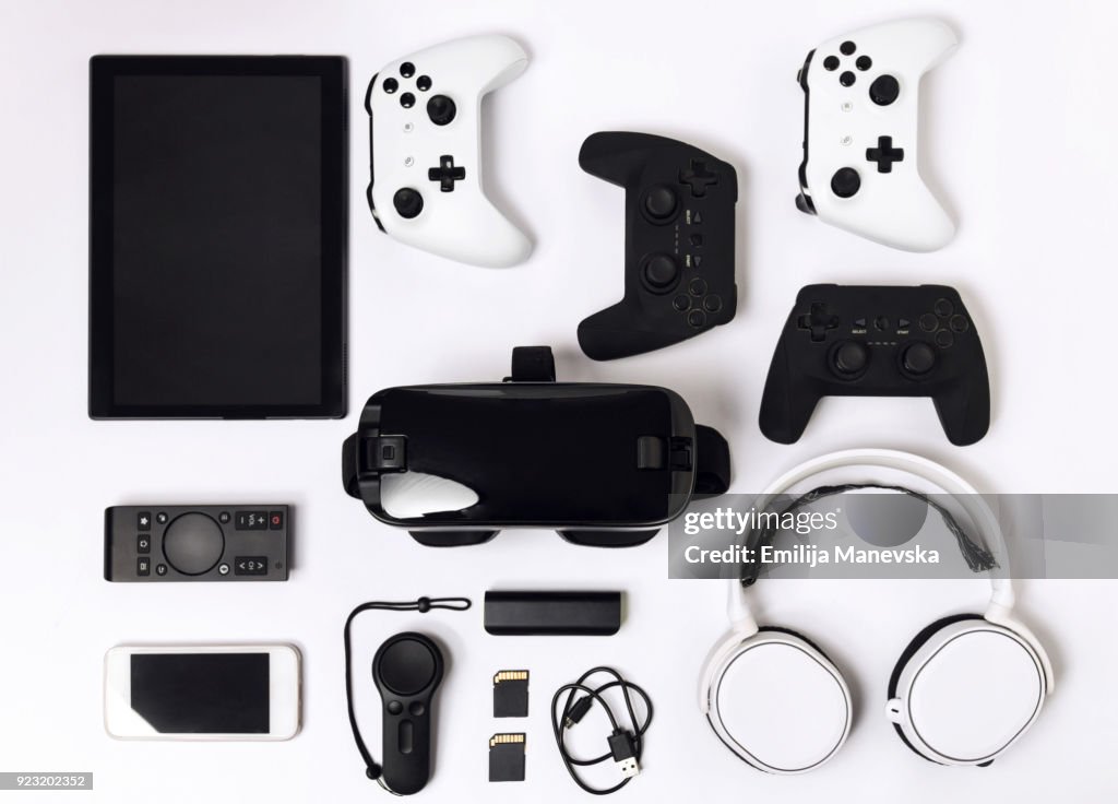 Video game gadgets on white background