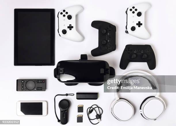 video game gadgets on white background - electrical engineering stock pictures, royalty-free photos & images