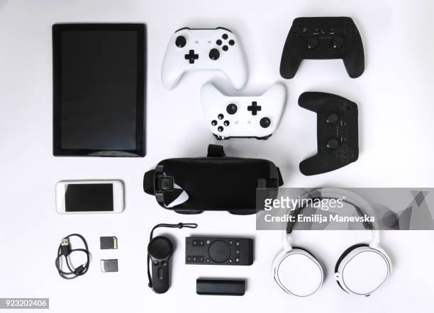 video game gadgets on white background - knolling tools stock pictures, royalty-free photos & images