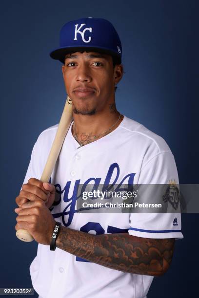 Adalberto Mondesi of the Kansas City Royals poses for a portrait during photo day at Surprise Stadium on February 22, 2018 in Surprise, Arizona.