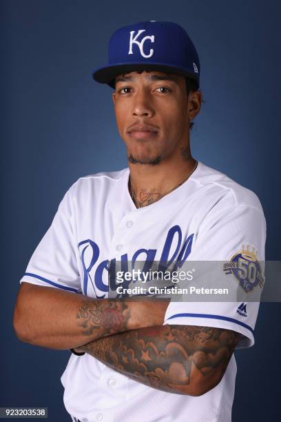 Adalberto Mondesi of the Kansas City Royals poses for a portrait during photo day at Surprise Stadium on February 22, 2018 in Surprise, Arizona.