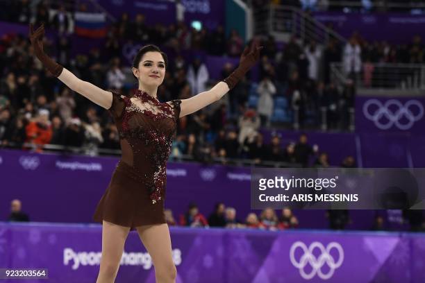 Russia's Evgenia Medvedeva reacts during the venue ceremony in the women's single skating free skating of the figure skating event during the...