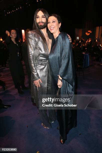 Singer Conchita Wurst and Ursula Strauss during the Goldene Kamera after show party at Messe Hamburg on February 22, 2018 in Hamburg, Germany.