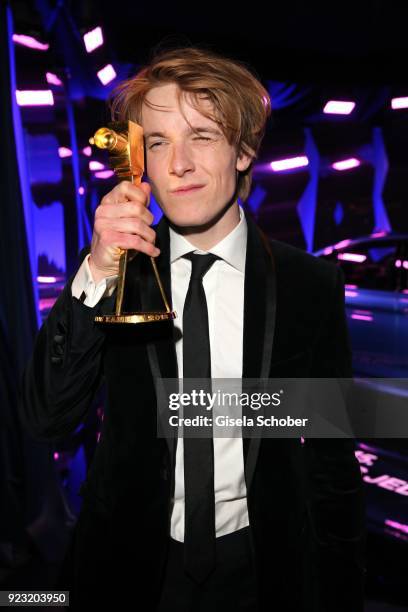 Louis Hofmann with award during the Goldene Kamera after show party at Messe Hamburg on February 22, 2018 in Hamburg, Germany.