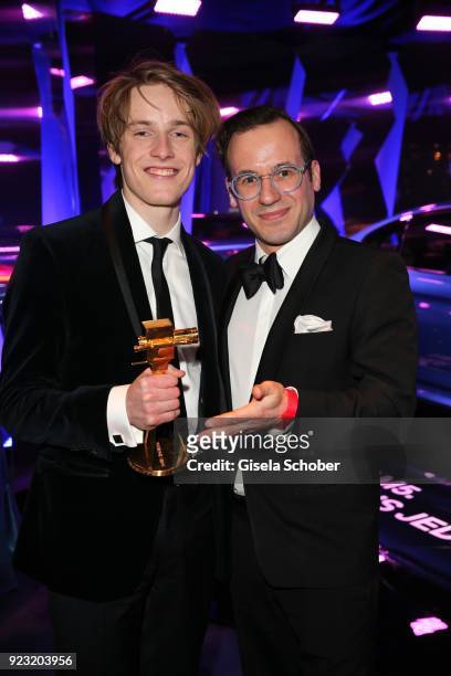 Louis Hofmann and Constantin Beck-Mannagetta und Lerchenau during the Goldene Kamera after show party at Messe Hamburg on February 22, 2018 in...