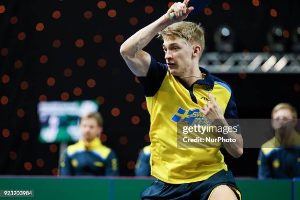 Anton Kallberg of Sweden during International Table Tennis Federation Team World Cup match between Xin Xu of China and Anton Kallberg of Sweden on...