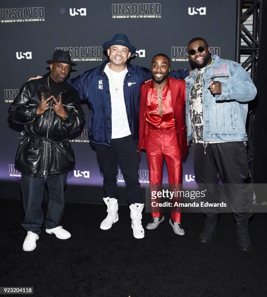 Rapper Mopreme Shakur, director Anthony Hemingway and actors Marcc Rose and Wavyy Jonez arrive at the premiere of USA Network's "Unsolved: The...