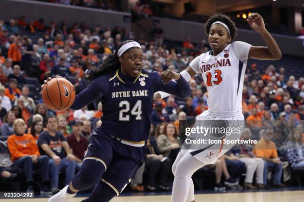 Notre Dame's Arike Ogunbowale and Virginia's Aliyah Huland El during the Virginia Cavaliers game versus the Notre Dame Fighting Irish on February 15...