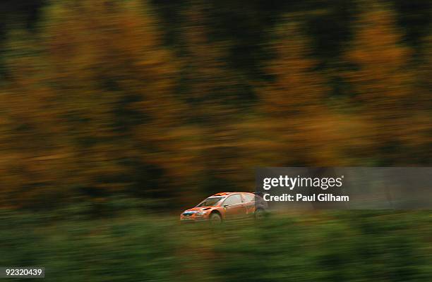 Henning Solberg of Norway and Stobart VK M-Sport Ford Rally Team drives the Ford Focus RS WRC 08 during stage ten of the Wales Rally GB at Rhondda on...