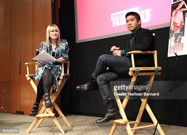 Designer Thakoon speaks as TEEN VOGUE Editor-in-Chief Amy Astley looks on during TEEN VOGUE'S Fashion University at Conde Nast on October 24, 2009 in...