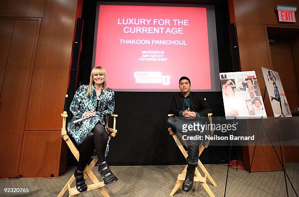 Designer Thakoon speaks as TEEN VOGUE Editor-in-Chief Amy Astley looks on during TEEN VOGUE'S Fashion University at Conde Nast on October 24, 2009 in...