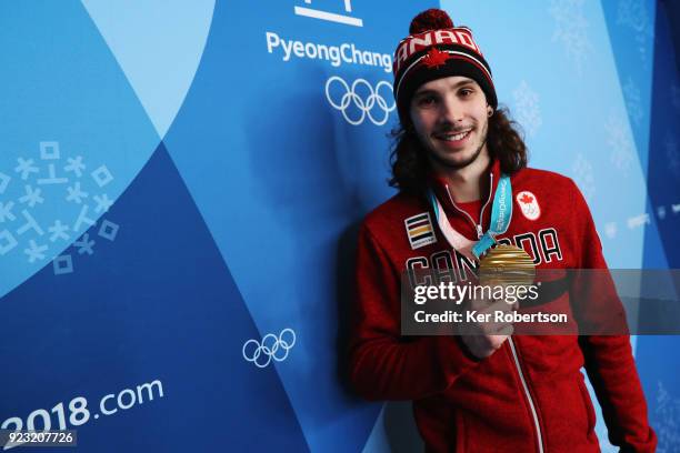 Canadian short track speed skating gold medalist Samuel Girard attends a press conference on day fourteen of the 2018 PyeongChang Winter Olympic...