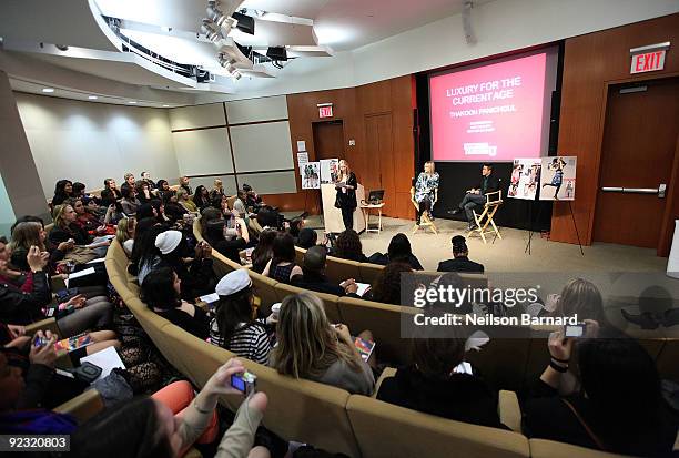 Designer Thakoon speaks as TEEN VOGUE Editor-in-Chief Amy Astley looks on during TEEN VOGUE'S Fashion University at Conde Nast on October 24, 2009 in...