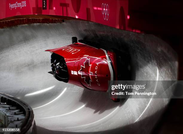 Justin Kripps of Canada pilots his sled during 4-man Bobsleigh training on day 14 of the Pyeongchang 2018 Winter Olympics on February 23, 2018 in...