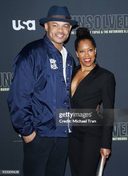 Anthony Hemingway and Regina King arrive to the Los Angeles premiere of USA Network's "Unsolved: The Murders Of Tupac And The Notorious B.I.G." held...