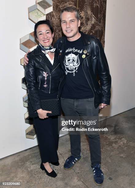 Artist Shepard Fairey and Amanda Fairey pose for portrait at the opening reception for Vhil's "Annihilation" exhibit at Over The Influence on...