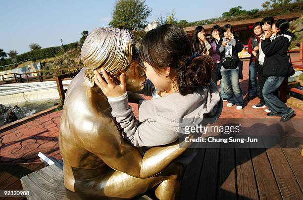 Group of girls visits the theme park 'Love Land' on October 24, 2009 in Jeju, South Korea. Love Land is an outdoor sex-themed sculpture park which...