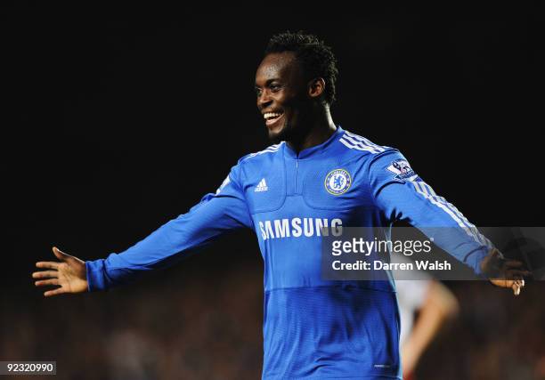 Michael Essien of Chelsea celebrates as he scores their third goal during the Barclays Premier League match between Chelsea and Blackburn Rovers at...