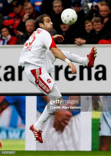 Javier Pinola of Nuernberg controles the ball during the Bundesliga match between 1899 Hoffenheim and 1. FC Nuernberg at the Rhein-Neckar Arena on...