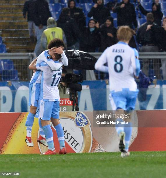 Ciro Immobile celebrates with Felipe Anderson after scoring goal 5-0 during the Europe League football match S.S. Lazio vs Steaua Bucuresti at the...