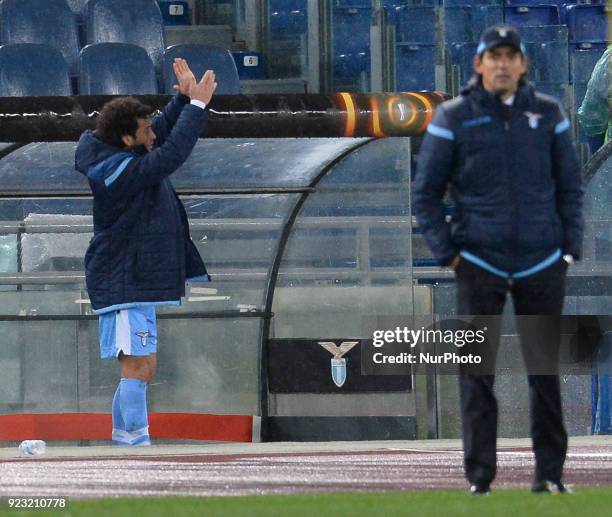 Felipe Anderson greet Curva Nord during the Europe League football match S.S. Lazio vs Steaua Bucuresti at the Olympic Stadium in Rome, on february...