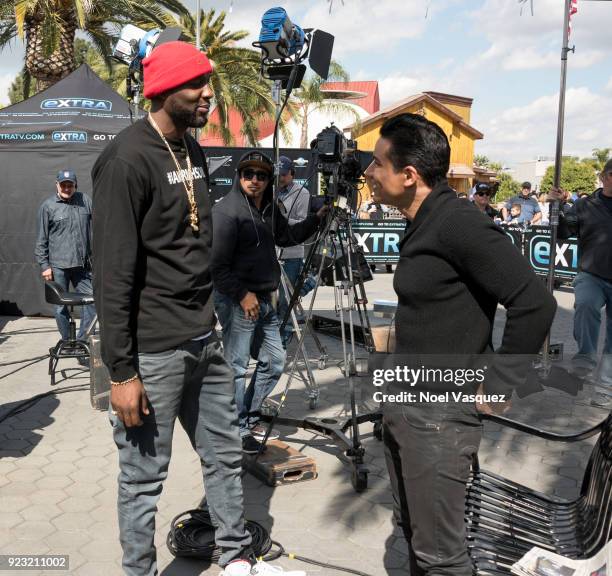 Lamar Odom and Mario Lopez visit "Extra" at Universal Studios Hollywood on February 22, 2018 in Universal City, California.