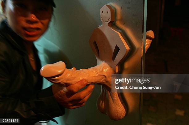 Woman pulls a handle of a toilet at the theme park 'Love Land' on October 24, 2009 in Jeju, South Korea. Love Land is an outdoor sex-themed sculpture...