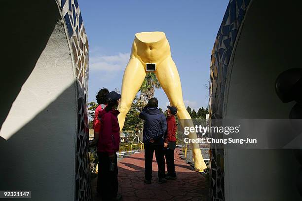 People visit the theme park 'Love Land' on October 24, 2009 in Jeju, South Korea. Love Land is an outdoor sex-themed sculpture park which opened in...