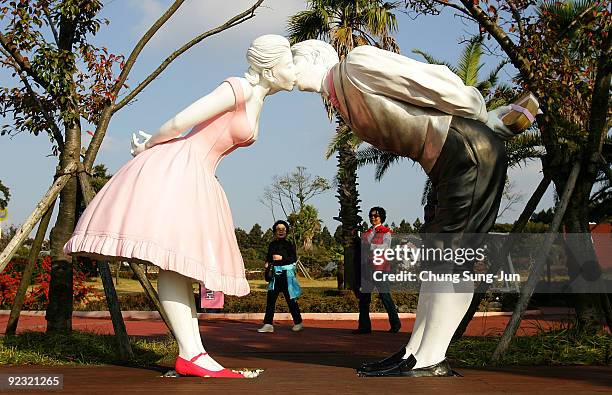 People visit the theme park 'Love Land' on October 24, 2009 in Jeju, South Korea. Love Land is an outdoor sex-themed sculpture park which opened in...