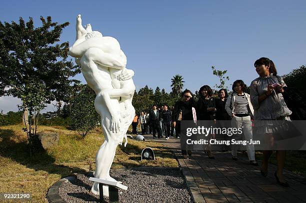 People visit the theme park 'Love Land' on October 24, 2009 in Jeju, South Korea. Love Land is an outdoor sex-themed sculpture park which opened in...